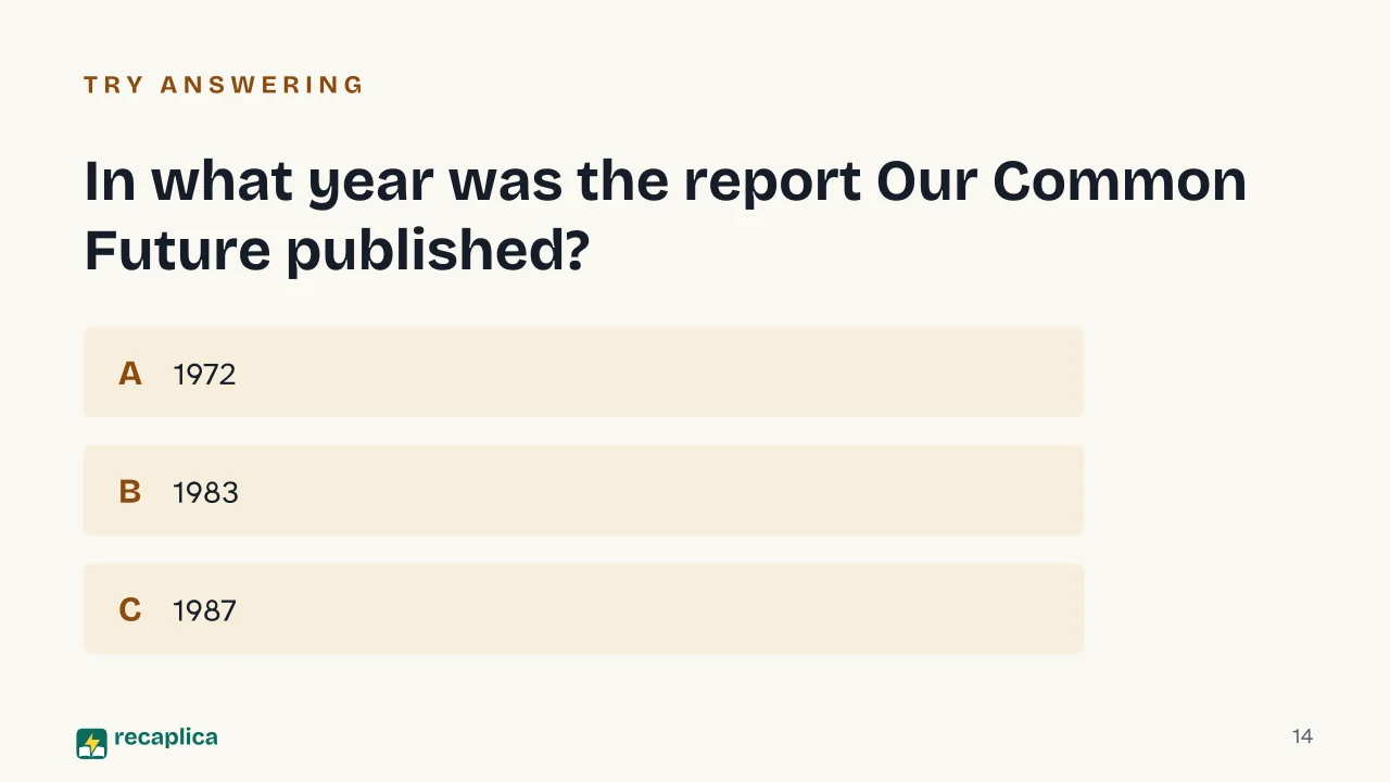 Slide 14 of the presentation on Sustainability: In what year was the report Our Common Future published?