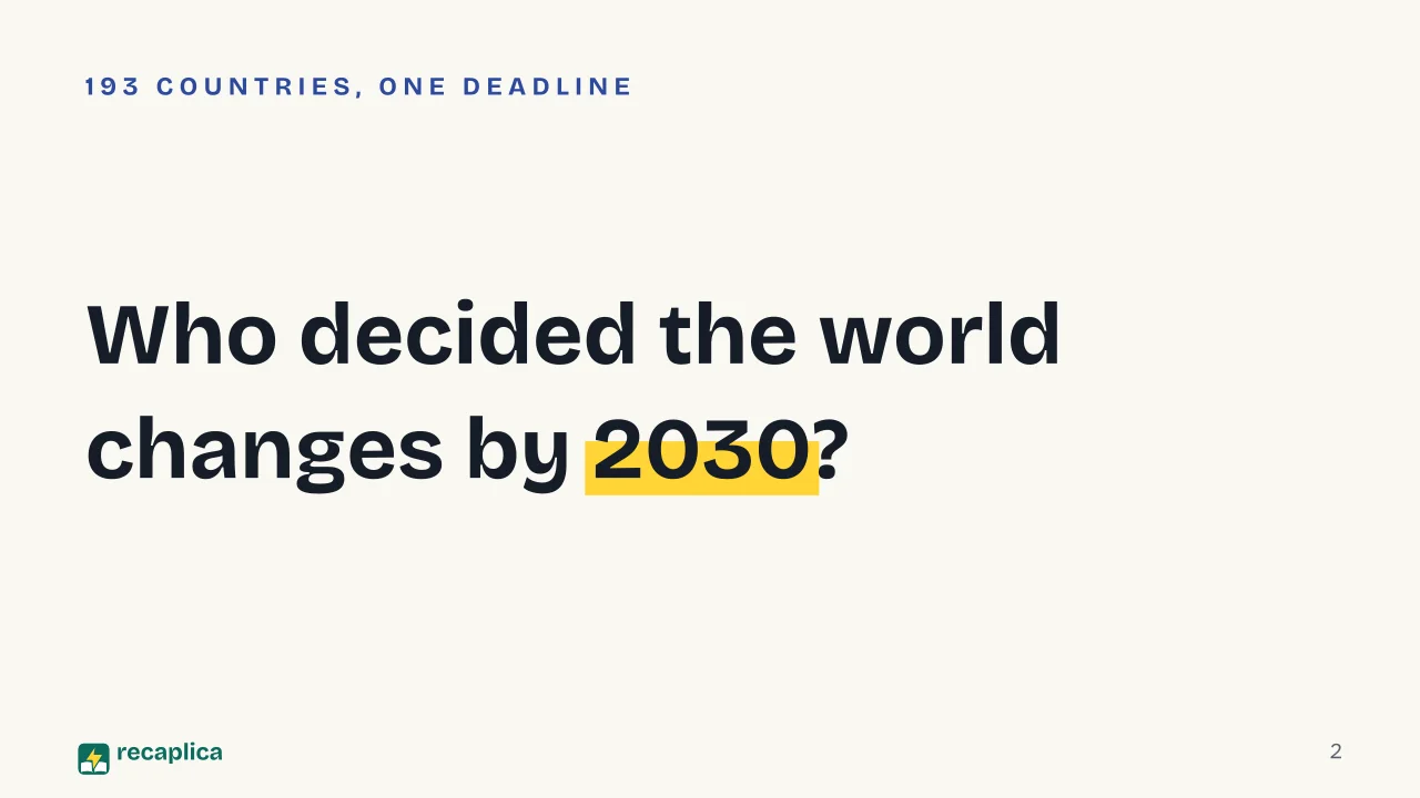 Slide 2 of the presentation on Sustainable Development Goals (SDGs): Who decided the world changes by 2030?