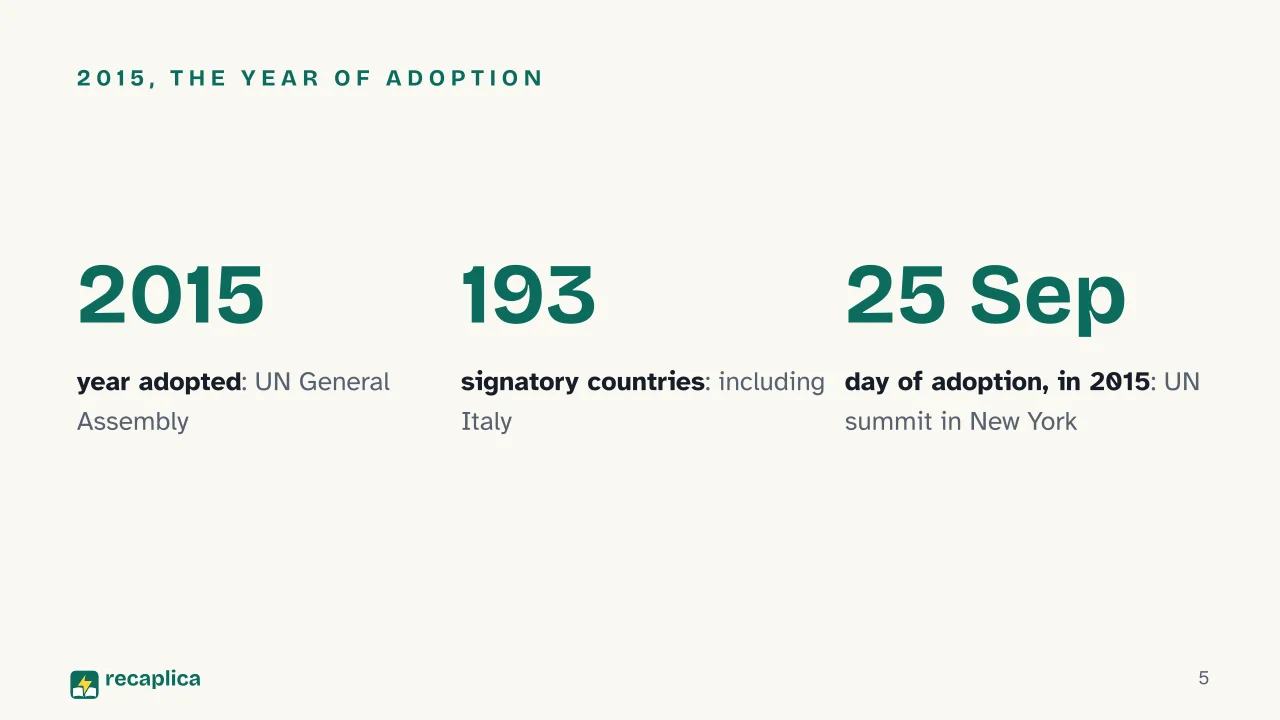Slide 5 of the presentation on Sustainable Development Goals (SDGs): 2015, the year of adoption