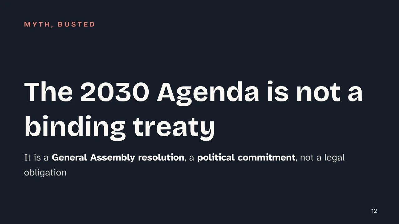 Slide 12 of the presentation on Sustainable Development Goals (SDGs): The 2030 Agenda is not a binding treaty