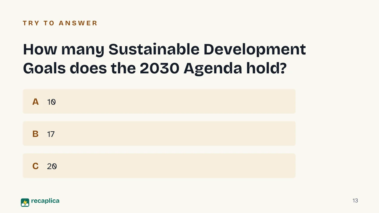 Slide 13 of the presentation on Sustainable Development Goals (SDGs): How many Sustainable Development Goals does the 2030 Agenda hold?