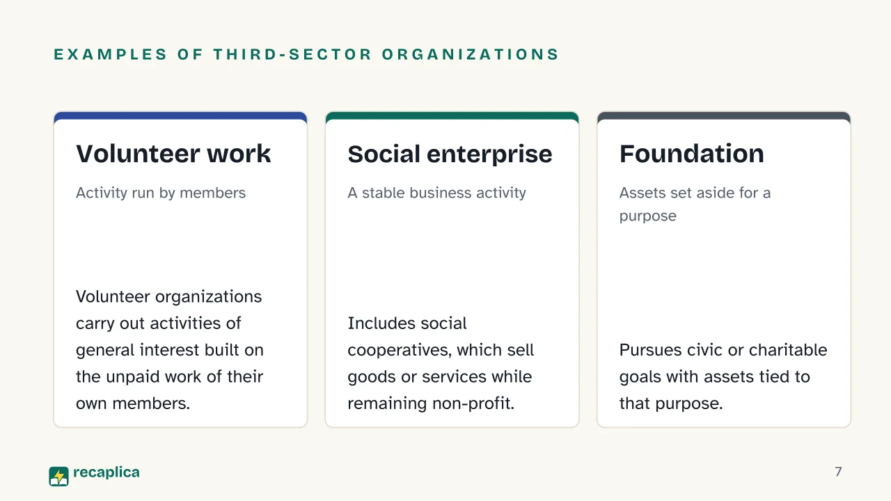 Slide 7 of the presentation on Third Sector: Examples of third-sector organizations: Volunteer work, Social enterprise, Foundation