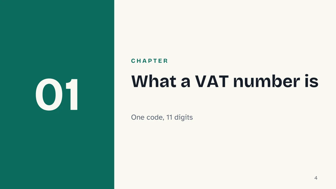 Slide 4 of the presentation on VAT Number in Italy: Chapter 01: What a VAT number is