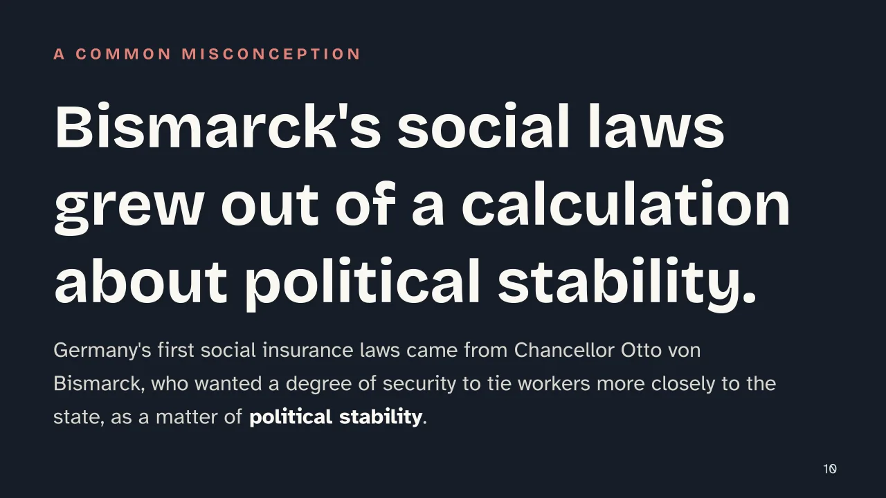 Slide 10 of the presentation on Welfare State: Bismarck's social laws grew out of a calculation about political stability.
