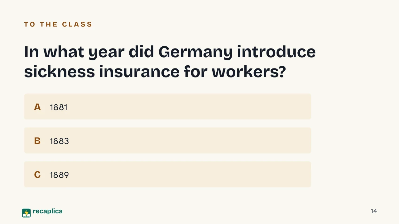 Slide 14 of the presentation on Welfare State: In what year did Germany introduce sickness insurance for workers?