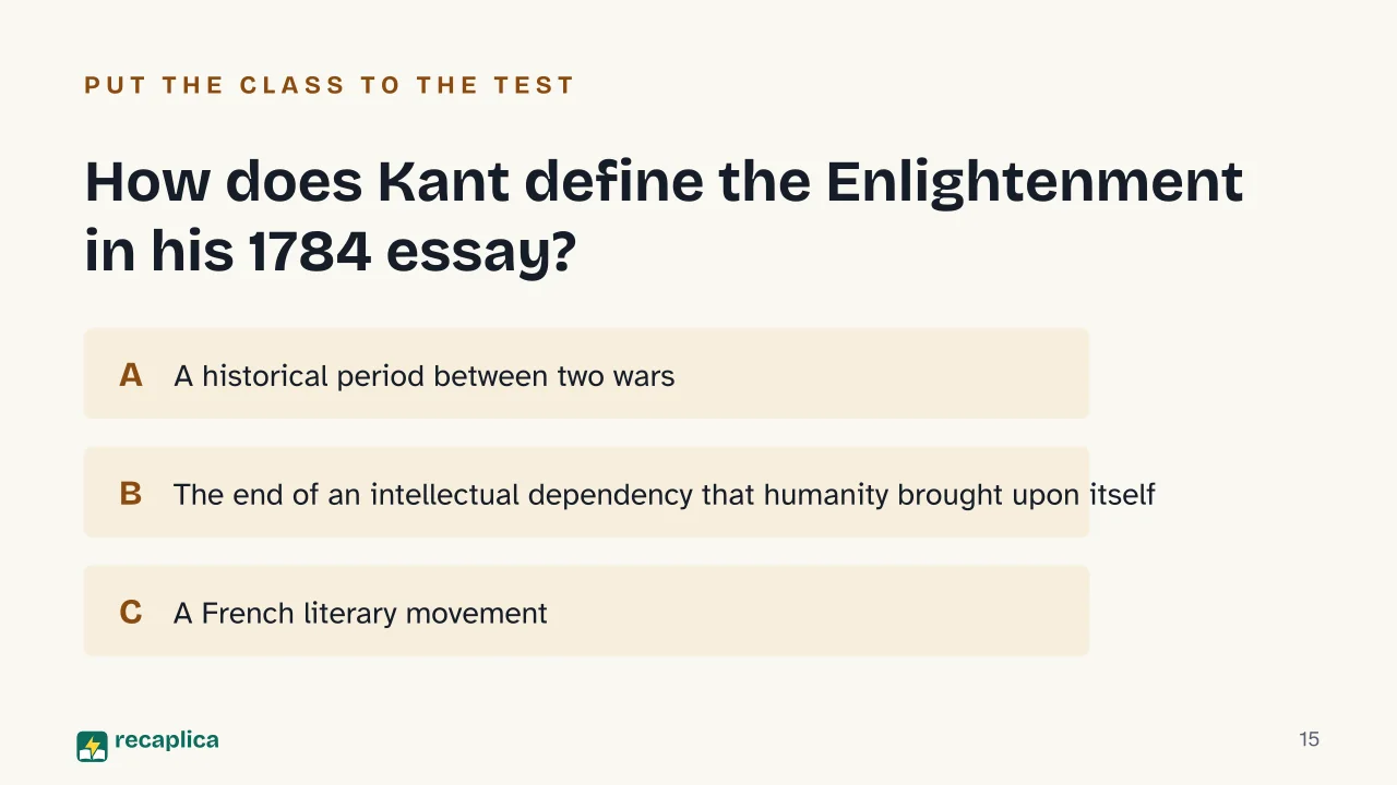 Slide 15 of the presentation on Age of Enlightenment: How does Kant define the Enlightenment in his 1784 essay?
