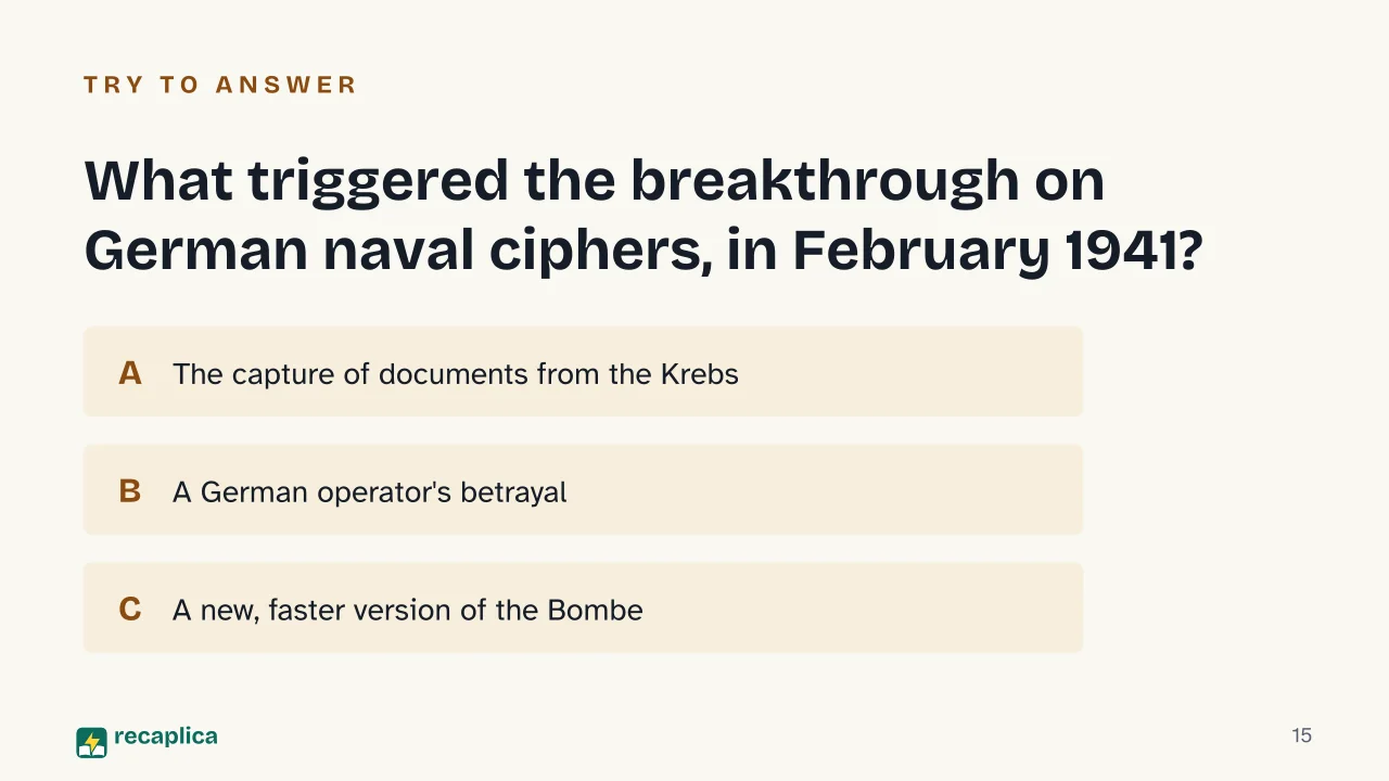 Slide 15 of the presentation on Alan Turing and the Enigma Machine: What triggered the breakthrough on German naval ciphers, in February 1941?