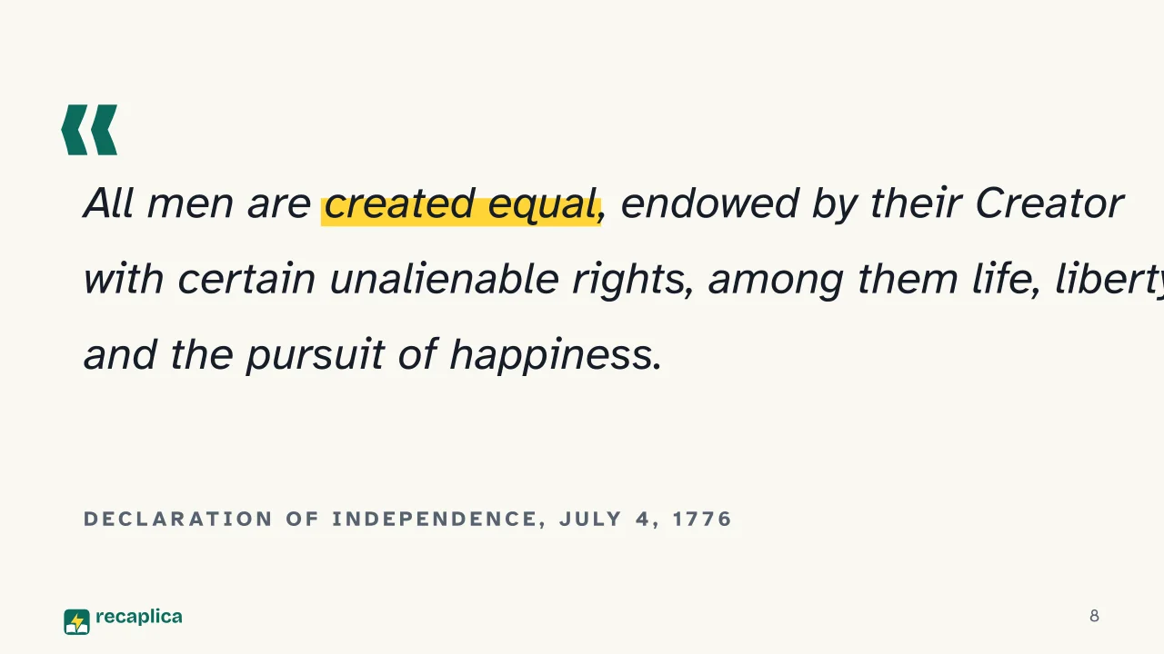 Slide 8 of the presentation on American Revolution: Declaration of Independence, July 4, 1776