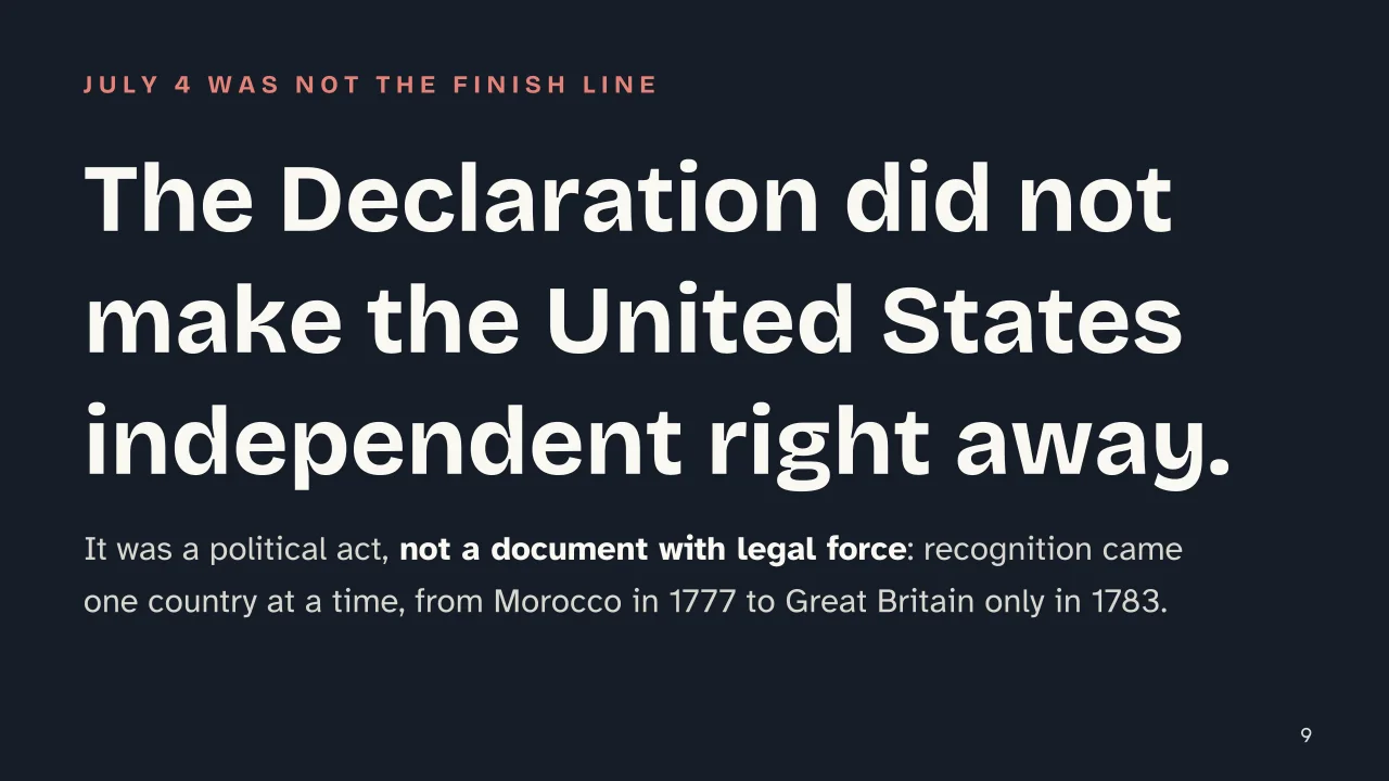 Slide 9 of the presentation on American Revolution: The Declaration did not make the United States independent right away.