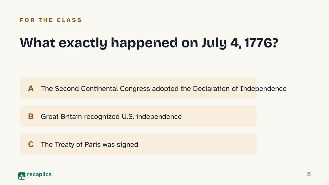 Slide 15 of the presentation on American Revolution: What exactly happened on July 4, 1776?