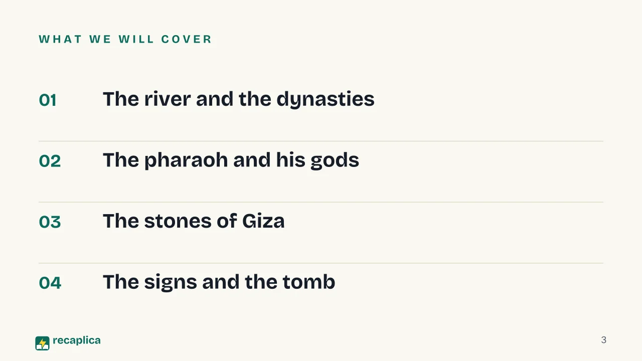 Slide 3 of the presentation on Ancient Egypt Summary: What we will cover