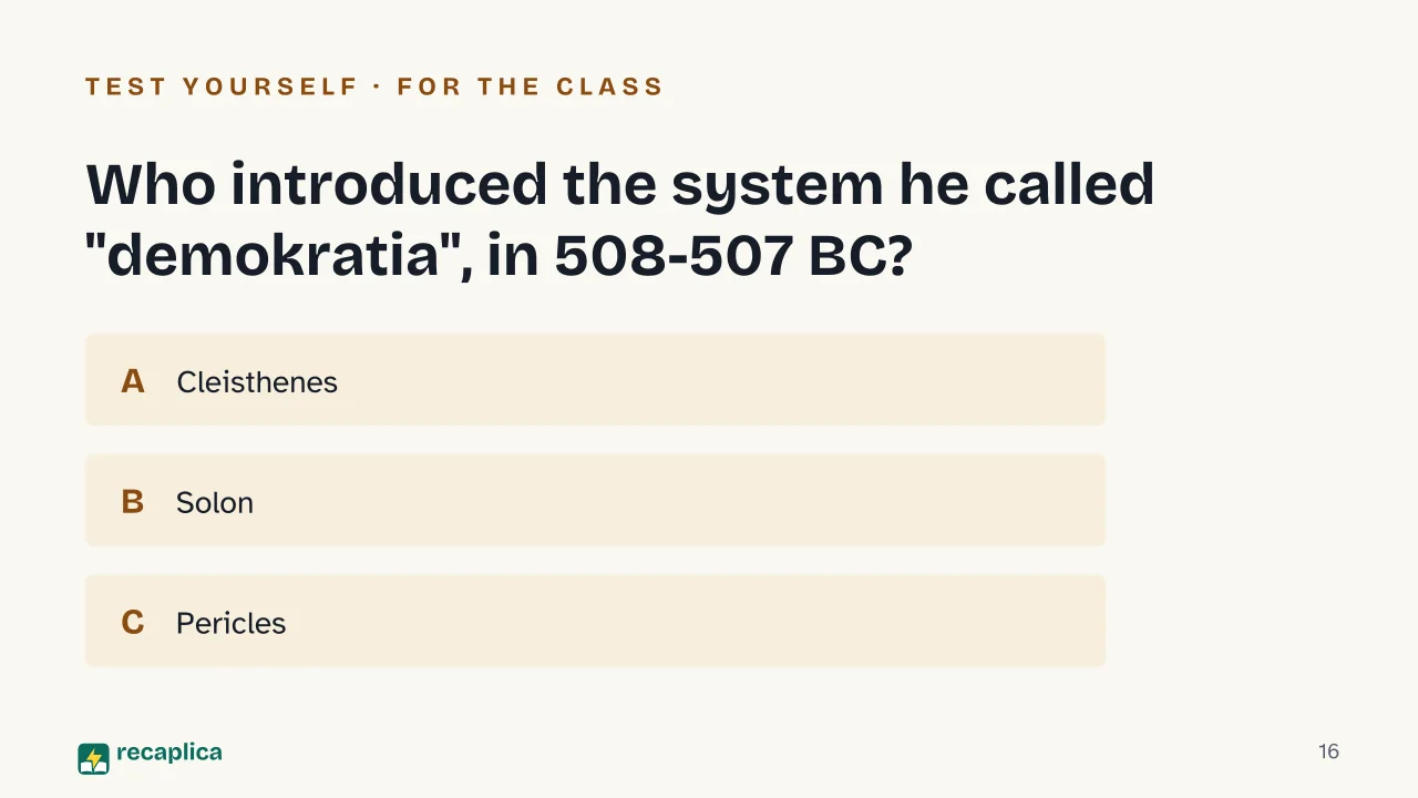 Slide 16 of the presentation on Ancient Greece: Who introduced the system he called "demokratia", in 508-507 BC?