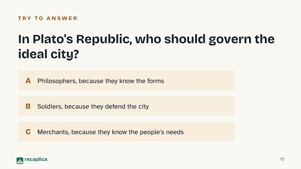 Slide 15 of the presentation on Aristotle and Plato: In Plato's Republic, who should govern the ideal city?