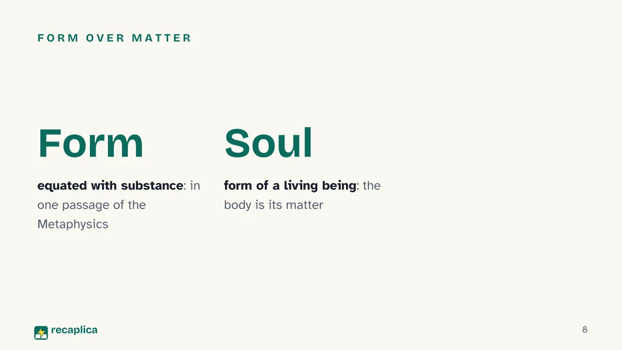 Slide 8 of the presentation on Aristotle Metaphysics Explained: Form over matter