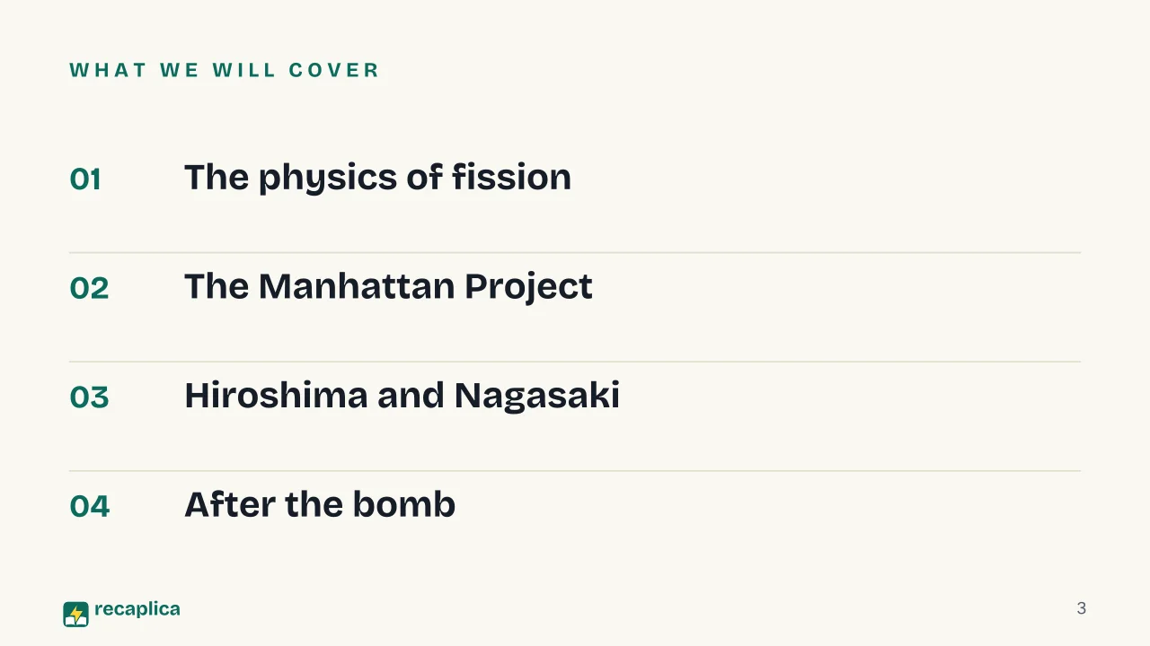 Slide 3 of the presentation on The Atomic Bomb: What we will cover