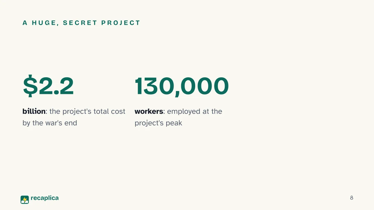 Slide 8 of the presentation on The Atomic Bomb: A huge, secret project