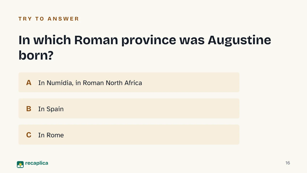 Slide 16 of the presentation on Saint Augustine of Hippo: In which Roman province was Augustine born?