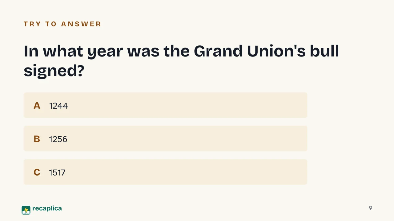 Slide 9 of the presentation on Augustinians: In what year was the Grand Union's bull signed?