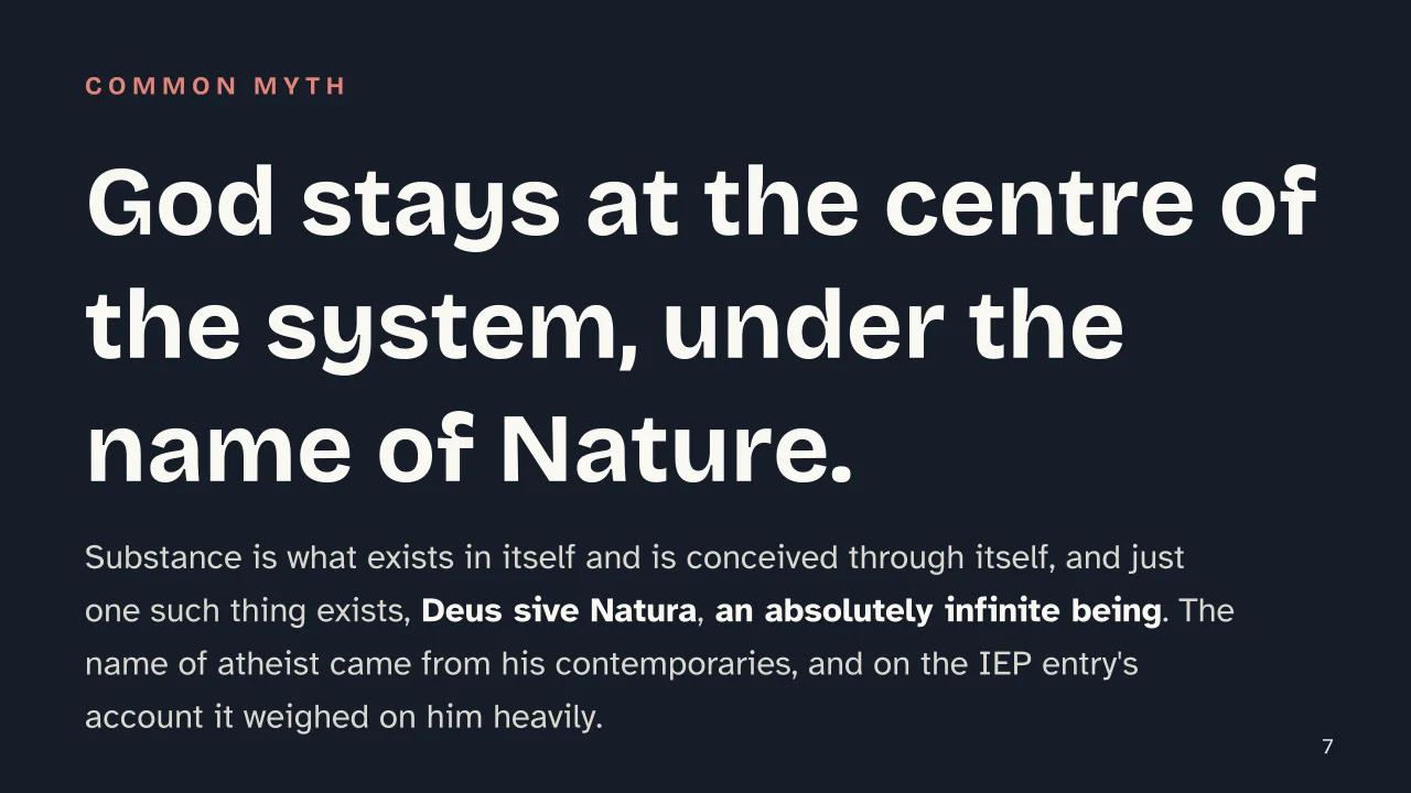 Slide 7 of the presentation on Spinoza: God stays at the centre of the system, under the name of Nature.