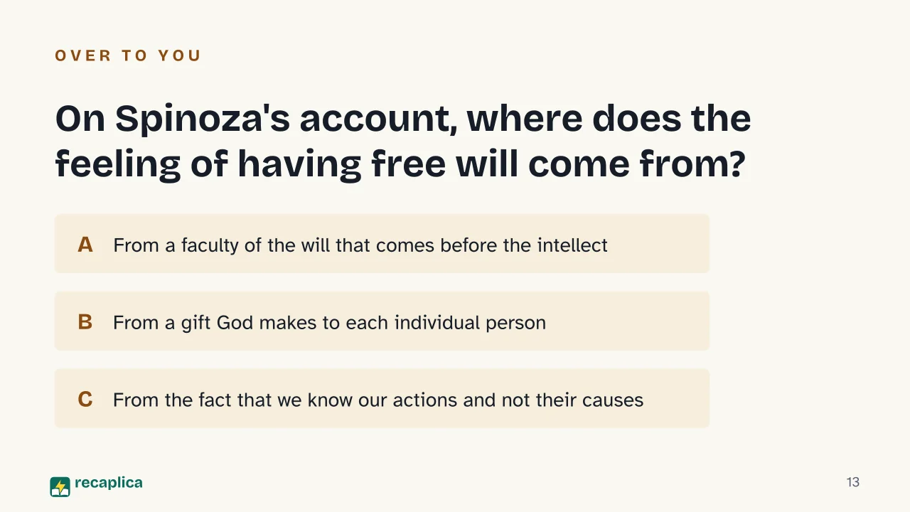 Slide 13 of the presentation on Spinoza: On Spinoza's account, where does the feeling of having free will come from?