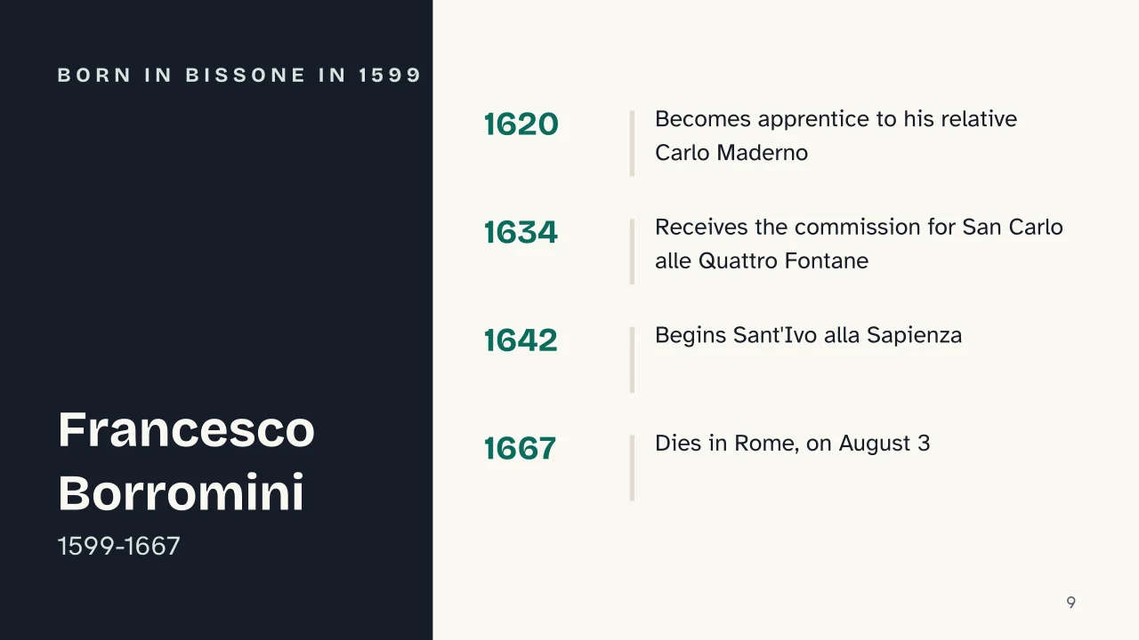 Slide 9 of the presentation on Bernini and Borromini: Born in Bissone in 1599