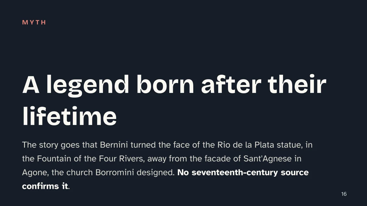 Slide 16 of the presentation on Bernini and Borromini: A legend born after their lifetime