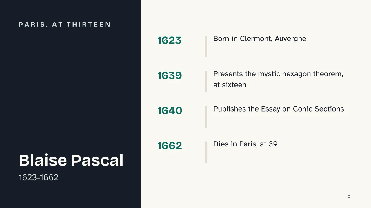 Slide 5 of the presentation on Blaise Pascal: Paris, at thirteen