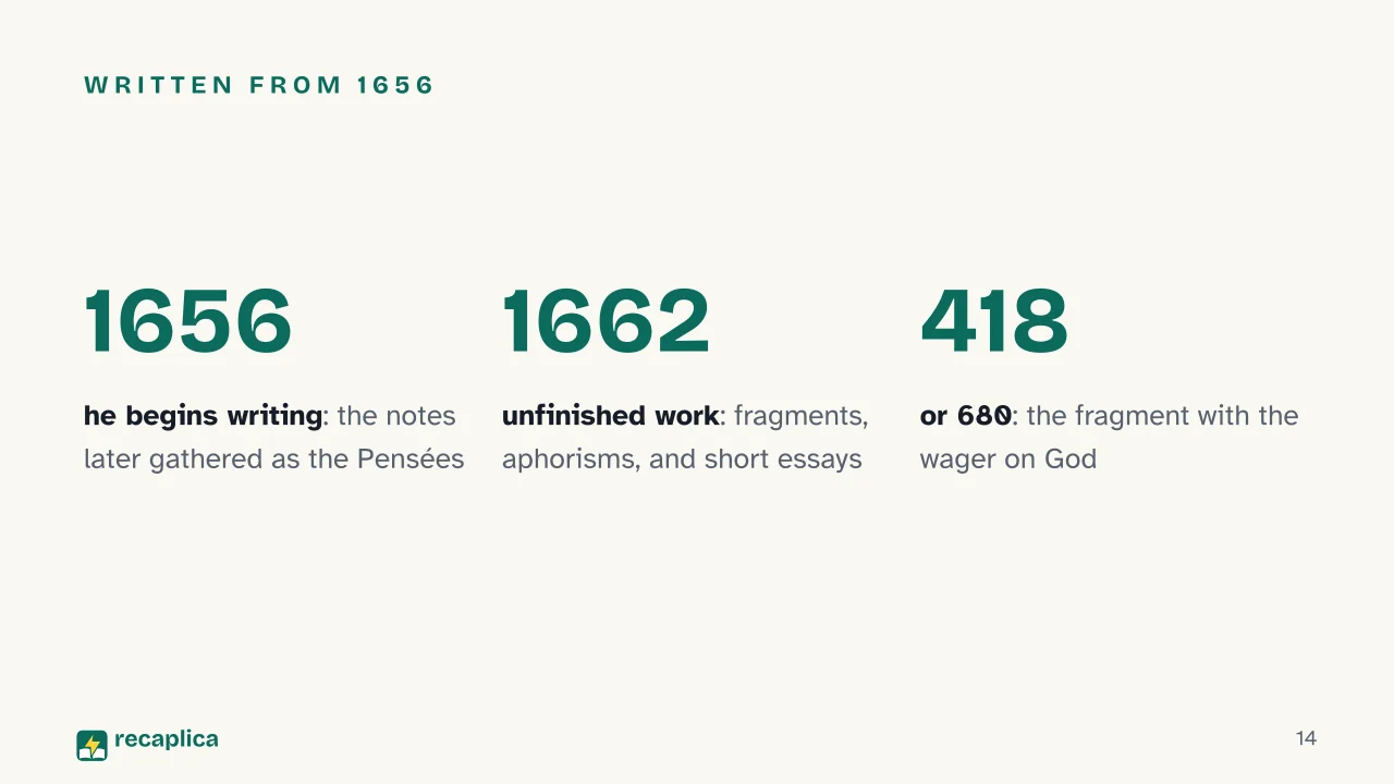 Slide 14 of the presentation on Blaise Pascal: Written from 1656