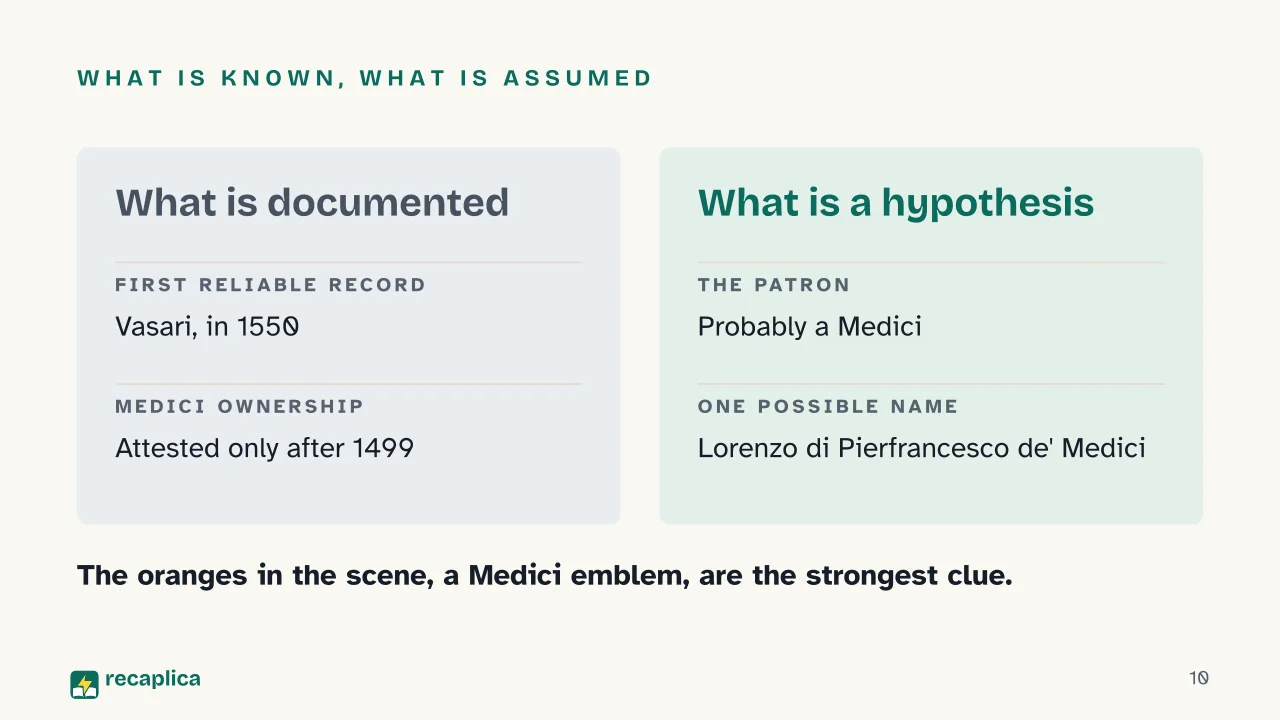 Slide 10 of the presentation on The Birth of Venus by Botticelli: What is known, what is assumed