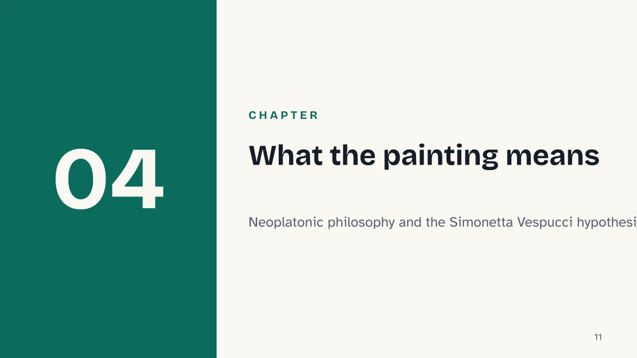 Slide 11 of the presentation on The Birth of Venus by Botticelli: Chapter 04: What the painting means
