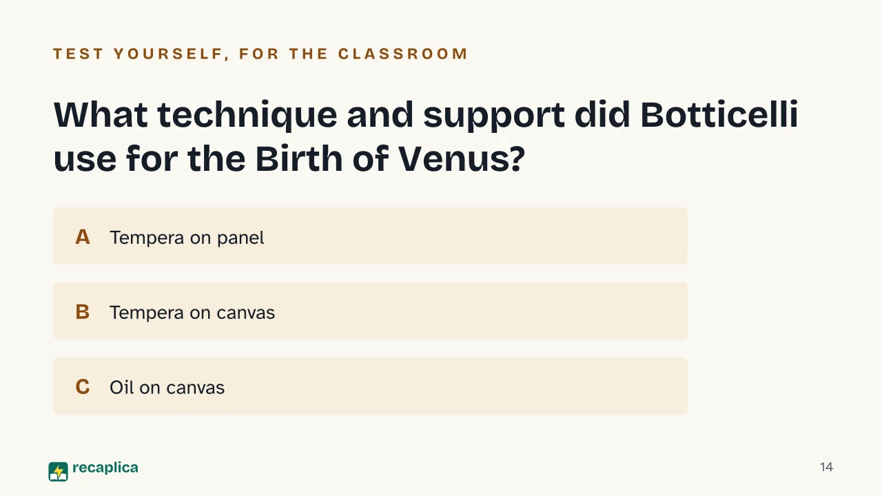 Slide 14 of the presentation on The Birth of Venus by Botticelli: What technique and support did Botticelli use for the Birth of Venus?