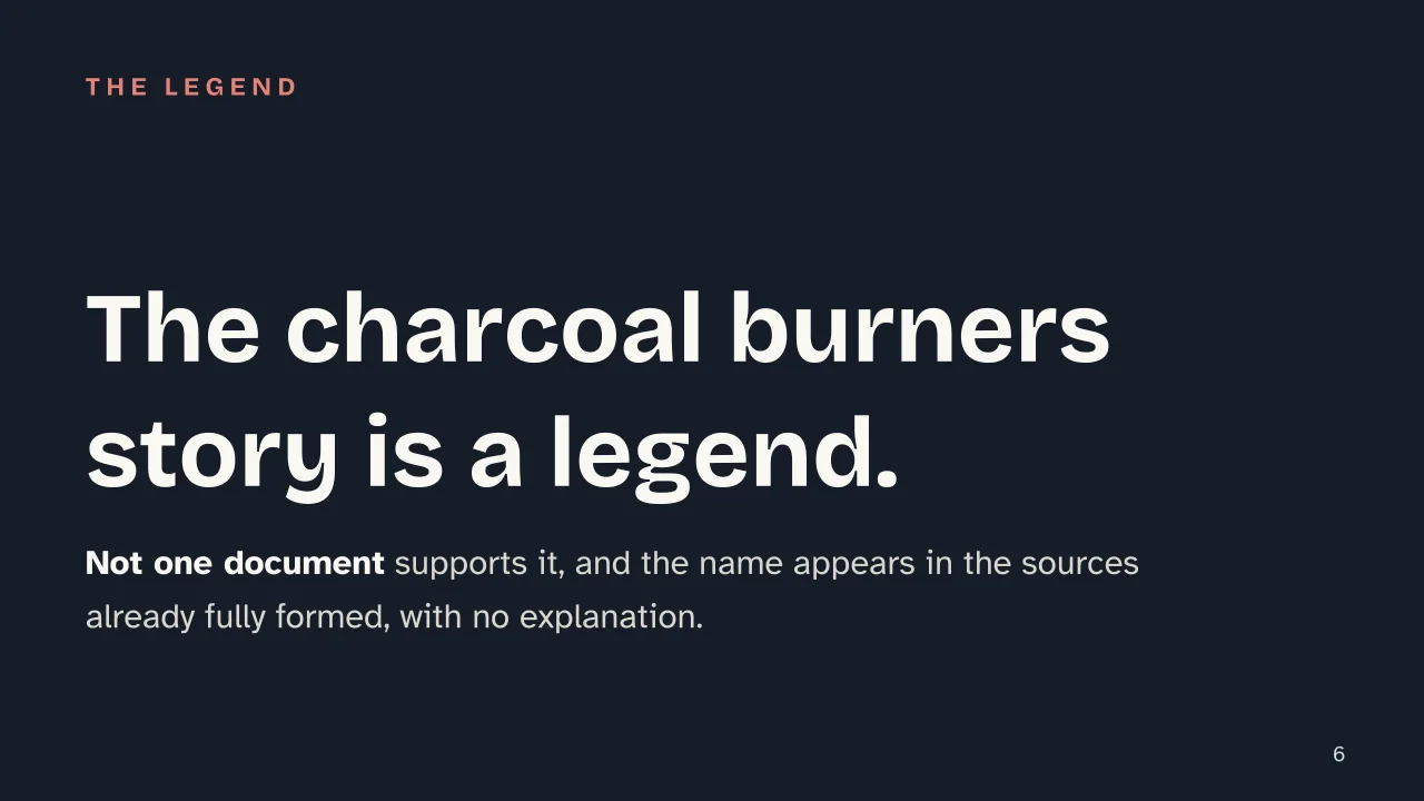Slide 6 of the presentation on The History of Carbonara: The charcoal burners story is a legend.