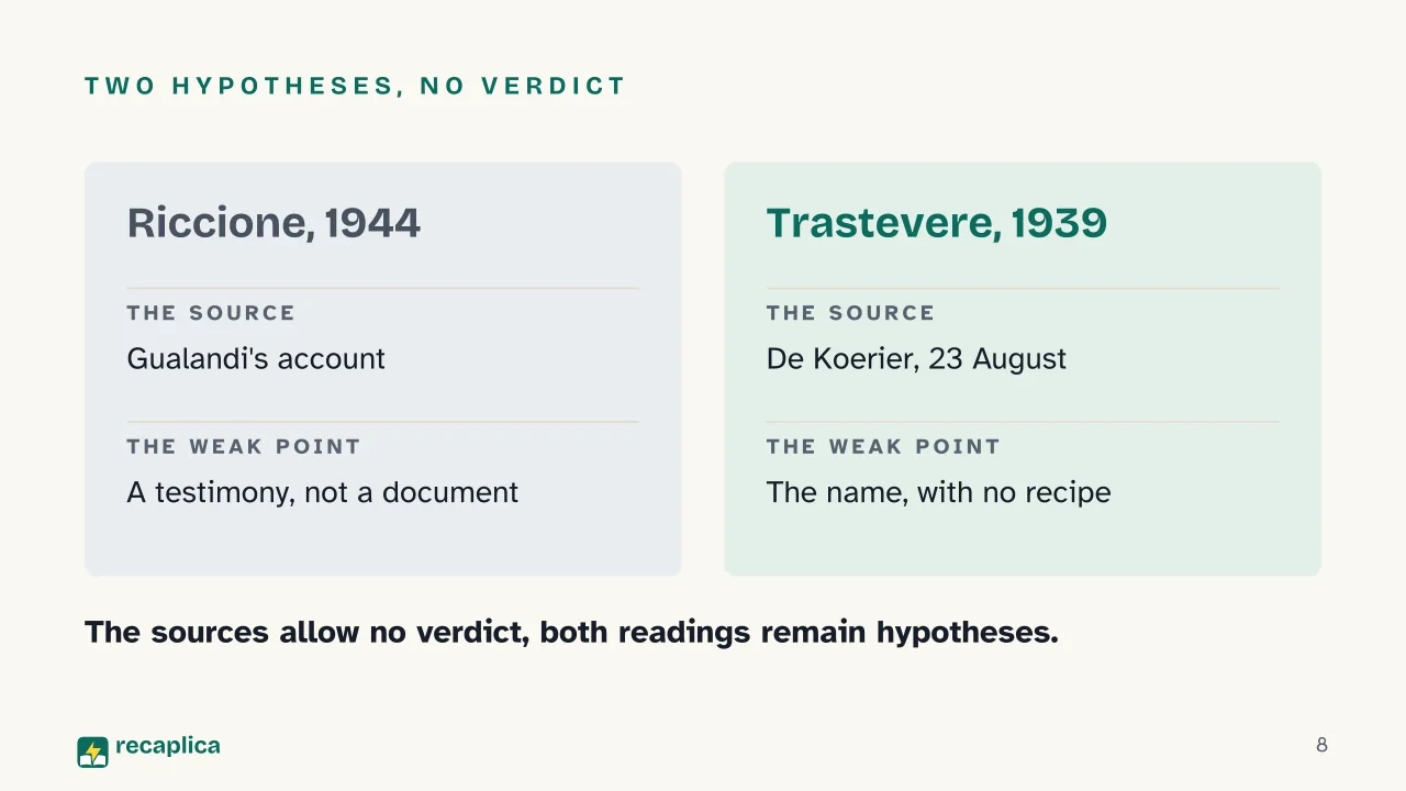 Slide 8 of the presentation on The History of Carbonara: Two hypotheses, no verdict