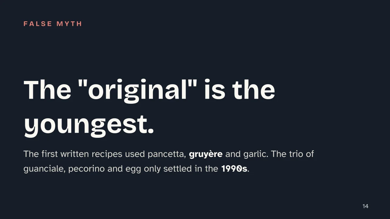 Slide 14 of the presentation on The History of Carbonara: The "original" is the youngest.