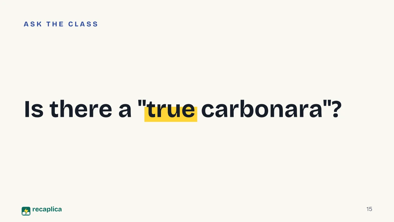 Slide 15 of the presentation on The History of Carbonara: Is there a "true carbonara"?