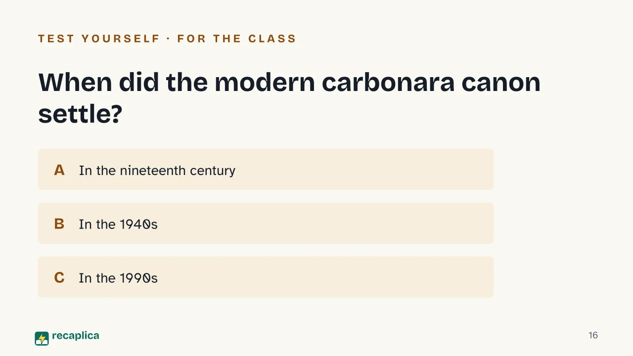 Slide 16 of the presentation on The History of Carbonara: When did the modern carbonara canon settle?