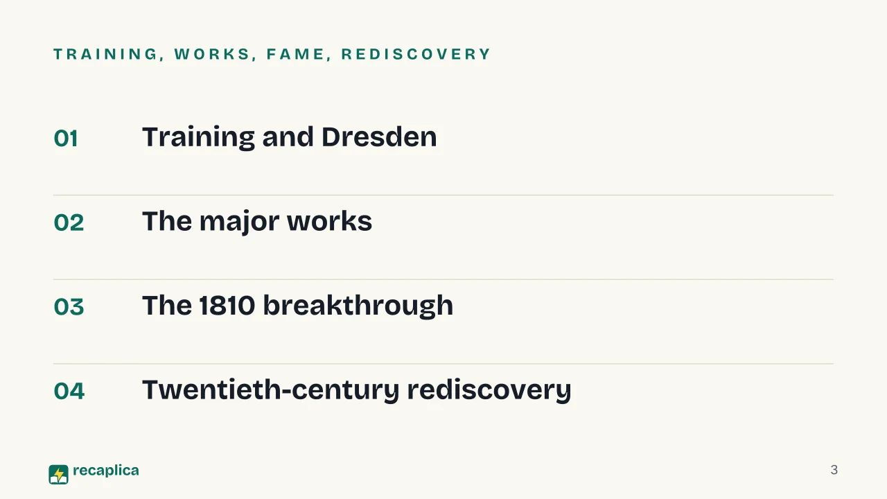 Slide 3 of the presentation on Caspar David Friedrich: Training, works, fame, rediscovery