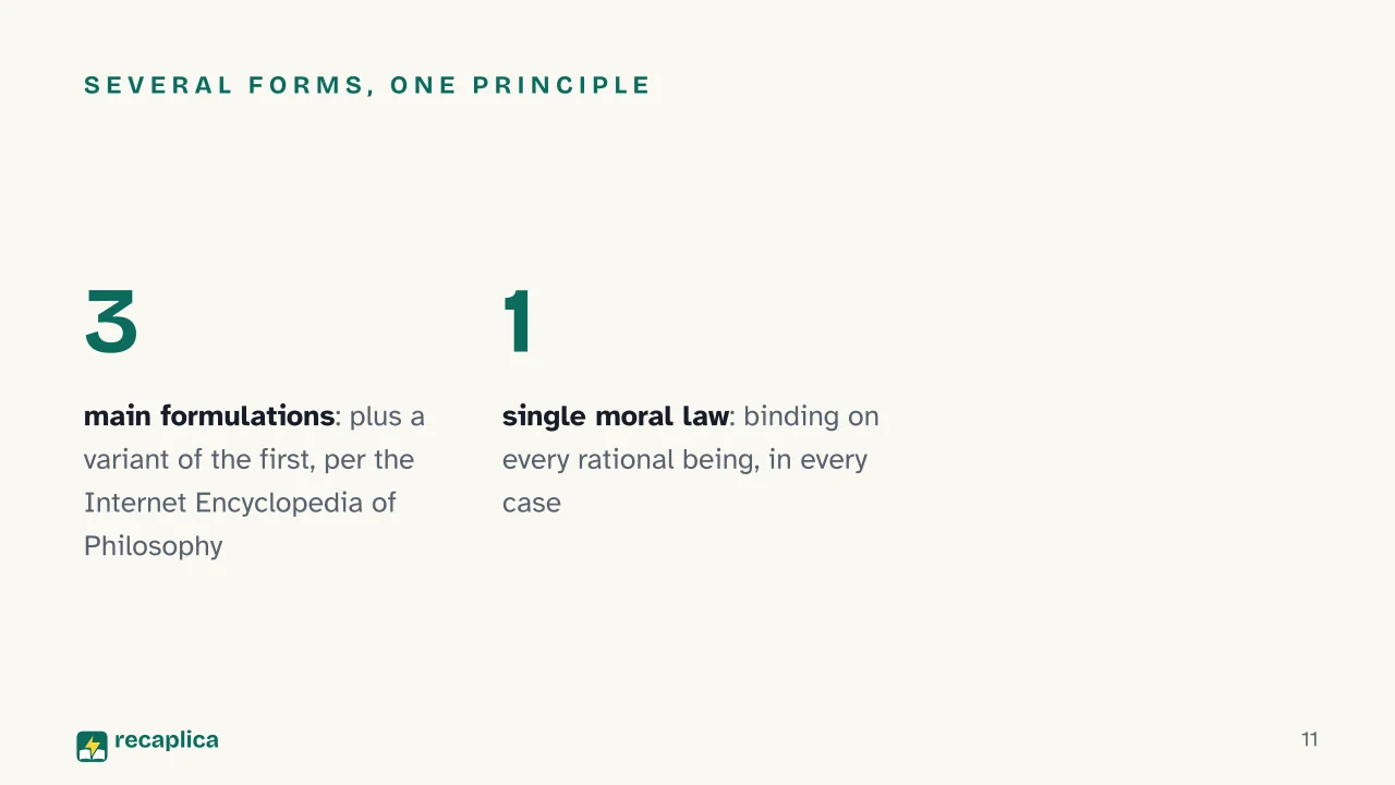 Slide 11 of the presentation on Categorical Imperative: Several forms, one principle