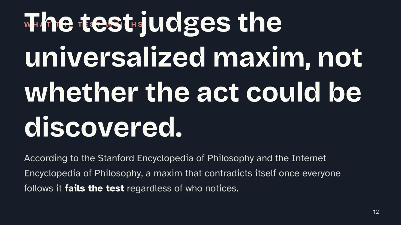 Slide 12 of the presentation on Categorical Imperative: The test judges the universalized maxim, not whether the act could be discovered.
