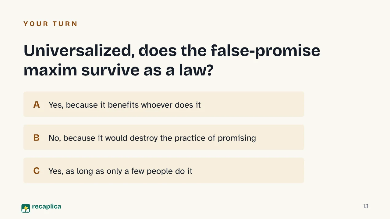 Slide 13 of the presentation on Categorical Imperative: Universalized, does the false-promise maxim survive as a law?