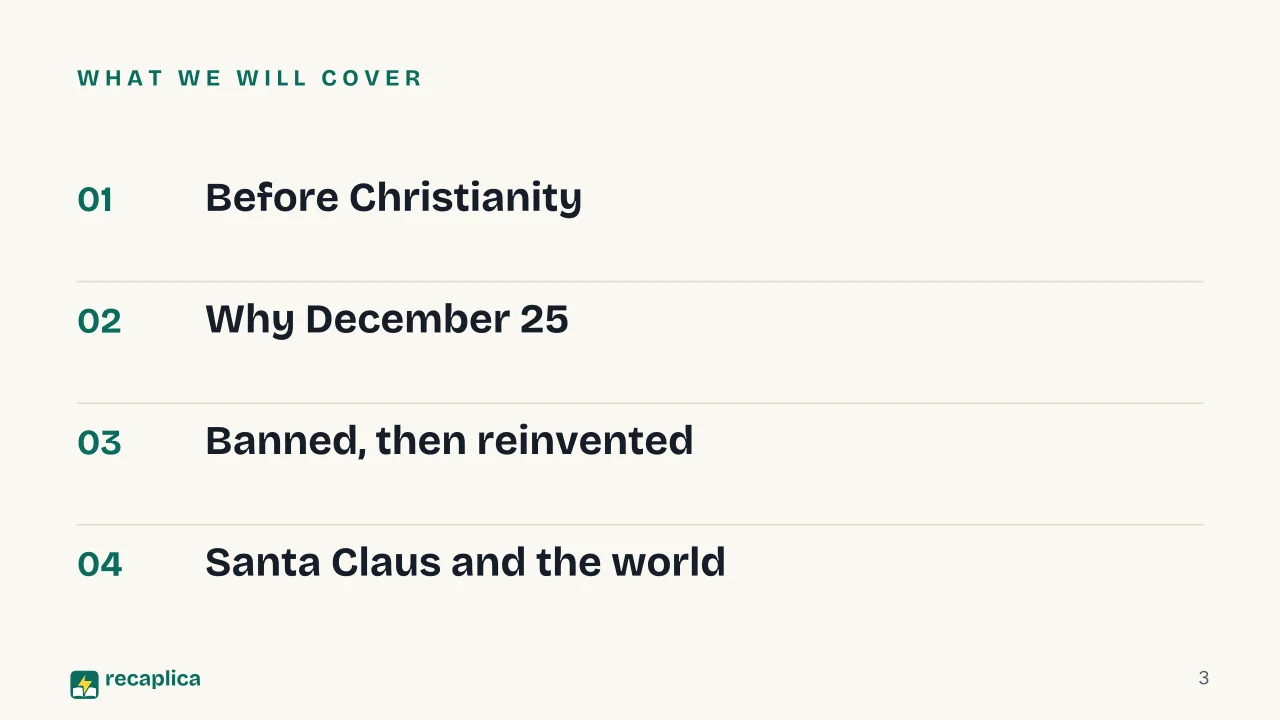 Slide 3 of the presentation on History of Christmas: What we will cover