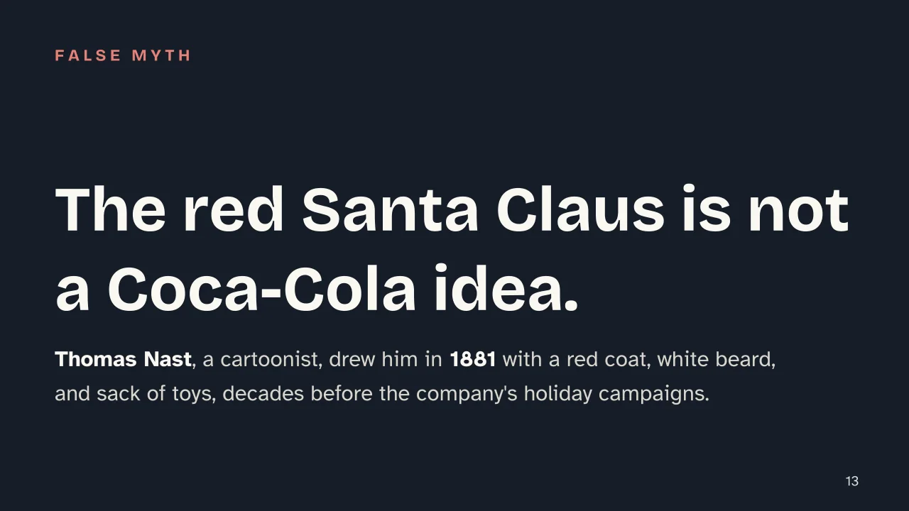 Slide 13 of the presentation on History of Christmas: The red Santa Claus is not a Coca-Cola idea.