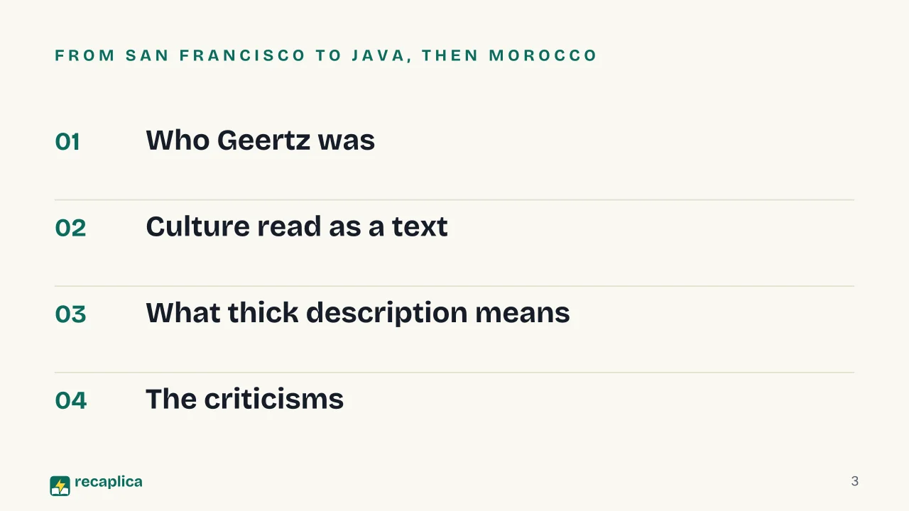Slide 3 of the presentation on Clifford Geertz: From San Francisco to Java, then Morocco