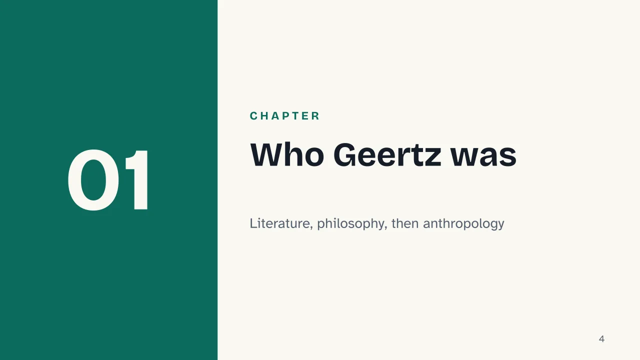 Slide 4 of the presentation on Clifford Geertz: Chapter 01: Who Geertz was