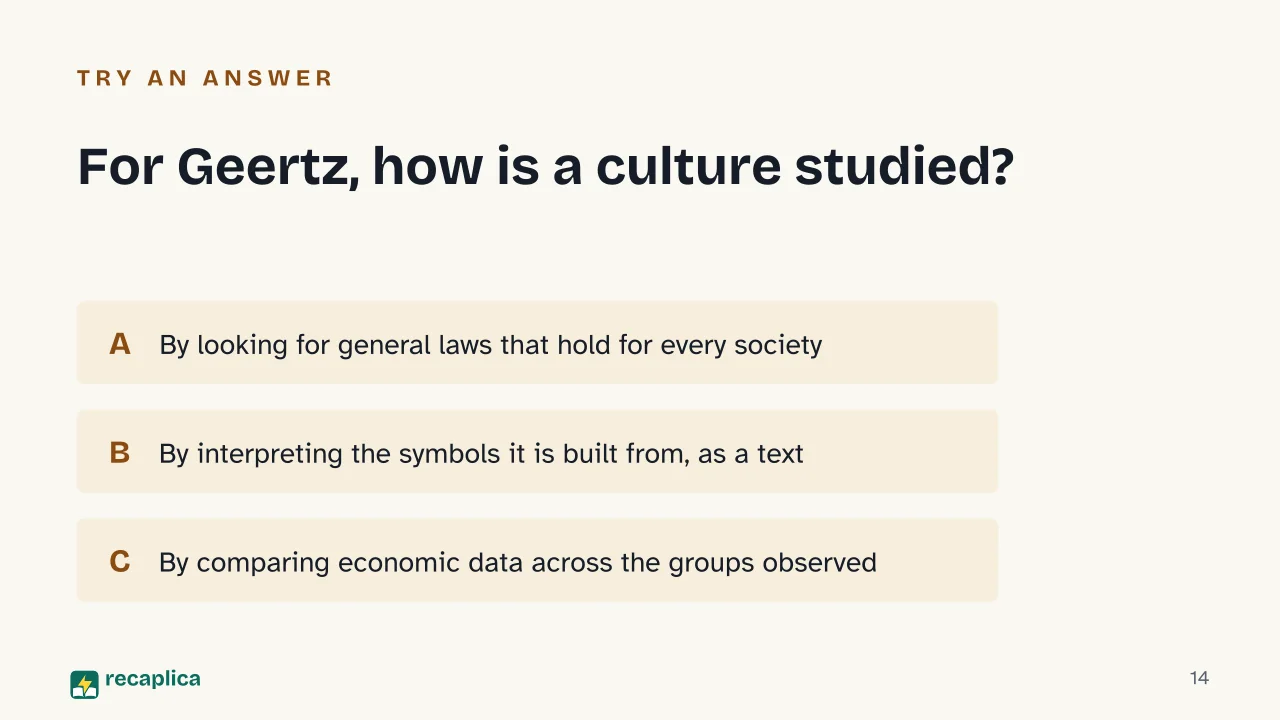 Slide 14 of the presentation on Clifford Geertz: For Geertz, how is a culture studied?