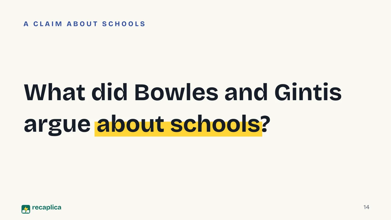 Slide 14 of the presentation on Conflict Theory in Sociology: What did Bowles and Gintis argue about schools?