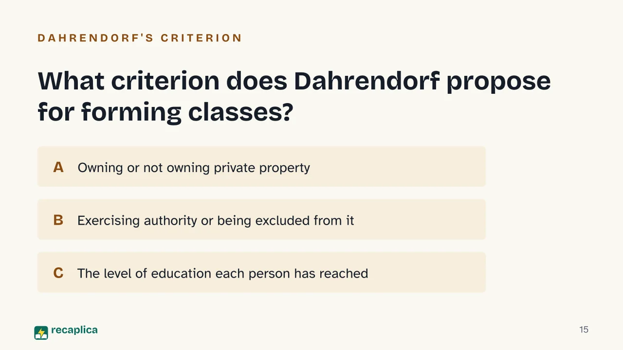 Slide 15 of the presentation on Conflict Theory in Sociology: What criterion does Dahrendorf propose for forming classes?