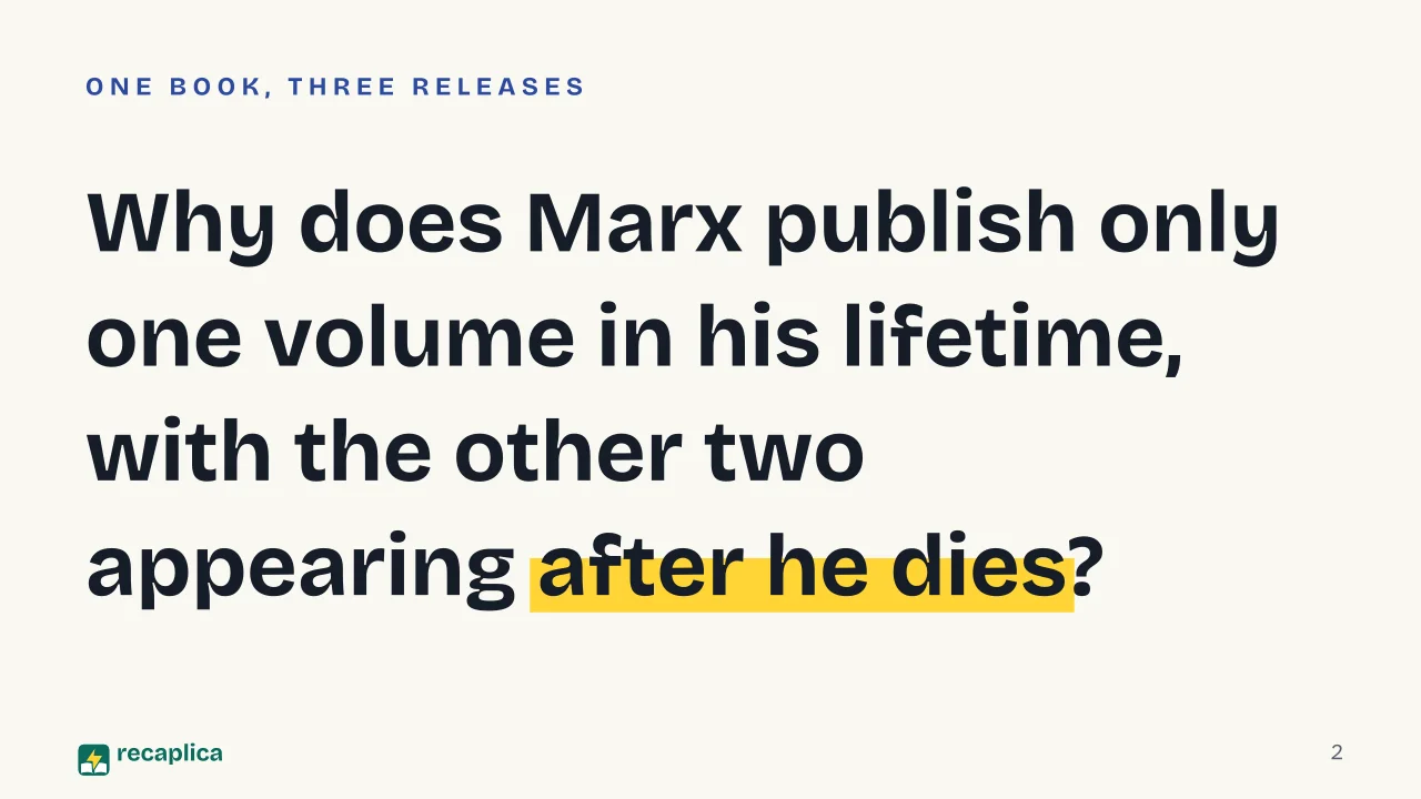 Slide 2 of the presentation on Das Kapital by Karl Marx: Why does Marx publish only one volume in his lifetime, with the other two appearing after he dies?