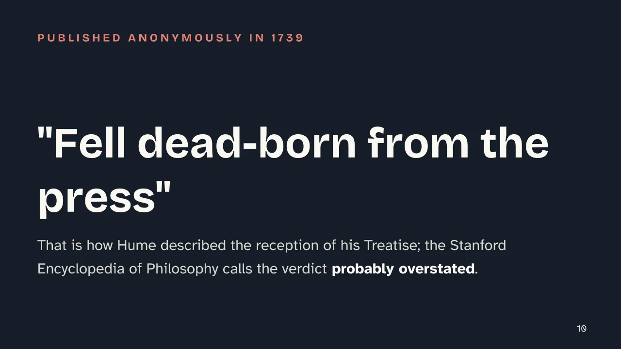 Slide 10 of the presentation on David Hume: "Fell dead-born from the press"