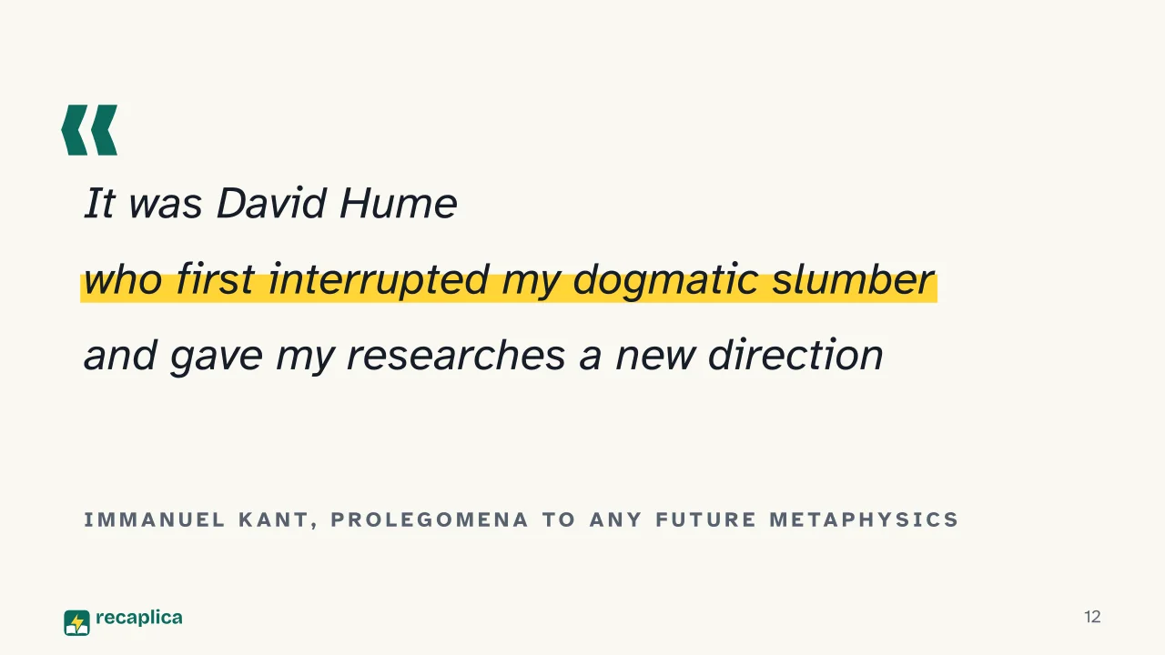 Slide 12 of the presentation on David Hume: Immanuel Kant, Prolegomena to Any Future Metaphysics